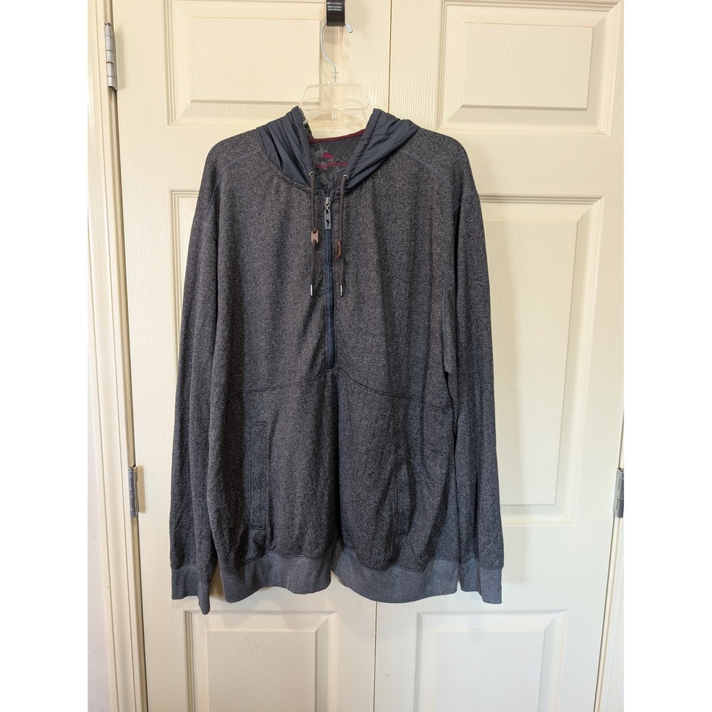 Tommy Bahama Herringbone Quarter Zip Hoodie Mixed Media Grey Pullover XL Flawed